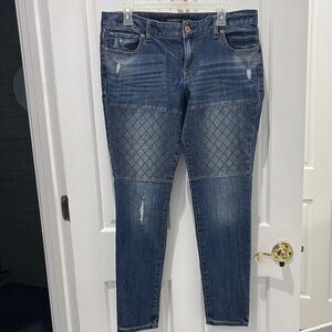 Express Dark Blue Skinny Jeans with Patterned Detail Size 12